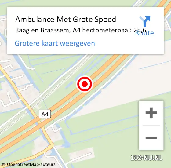 Locatie op kaart van de 112 melding: Ambulance Met Grote Spoed Naar Kaag en Braassem, A4 hectometerpaal: 25,6 op 31 juli 2022 12:16