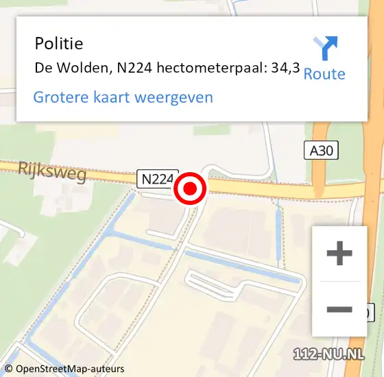 Locatie op kaart van de 112 melding: Politie De Wolden, N224 hectometerpaal: 34,3 op 31 juli 2022 13:27