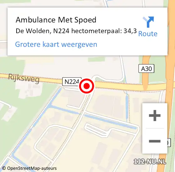Locatie op kaart van de 112 melding: Ambulance Met Spoed Naar De Wolden, N224 hectometerpaal: 34,3 op 31 juli 2022 13:28