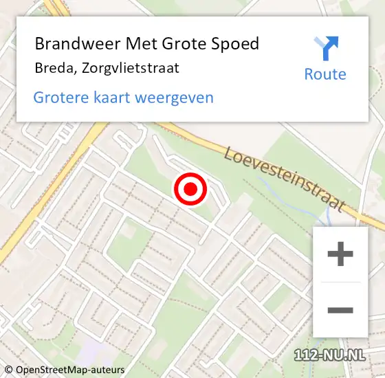 Locatie op kaart van de 112 melding: Brandweer Met Grote Spoed Naar Breda, Zorgvlietstraat op 31 juli 2022 13:29