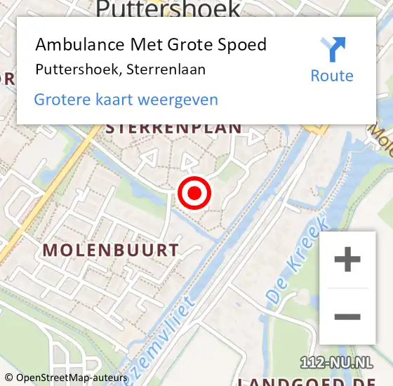 Locatie op kaart van de 112 melding: Ambulance Met Grote Spoed Naar Puttershoek, Sterrenlaan op 31 juli 2022 14:30