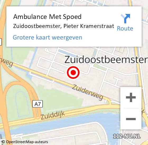 Locatie op kaart van de 112 melding: Ambulance Met Spoed Naar Zuidoostbeemster, Pieter Kramerstraat op 31 juli 2022 14:57