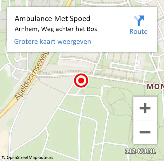 Locatie op kaart van de 112 melding: Ambulance Met Spoed Naar Arnhem, Weg achter het Bos op 31 juli 2022 16:03