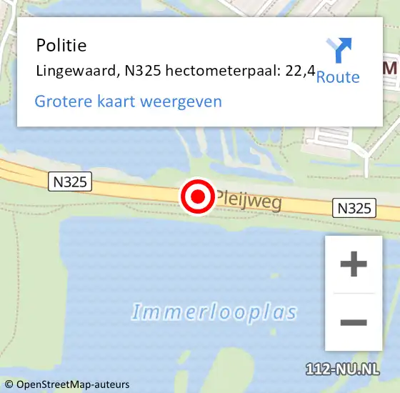 Locatie op kaart van de 112 melding: Politie Arnhem, N325 hectometerpaal: 22,4 op 31 juli 2022 18:15