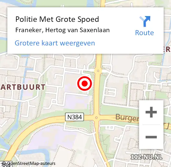 Locatie op kaart van de 112 melding: Politie Met Grote Spoed Naar Franeker, Hertog van Saxenlaan op 31 juli 2022 18:50