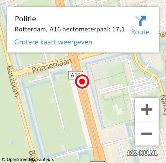 Locatie op kaart van de 112 melding: Politie Rotterdam, A16 hectometerpaal: 17,1 op 31 juli 2022 18:52