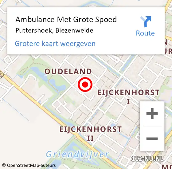 Locatie op kaart van de 112 melding: Ambulance Met Grote Spoed Naar Puttershoek, Biezenweide op 31 juli 2022 22:47