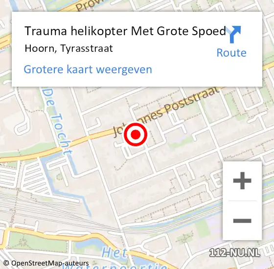 Locatie op kaart van de 112 melding: Trauma helikopter Met Grote Spoed Naar Hoorn, Tyrasstraat op 1 augustus 2022 06:08