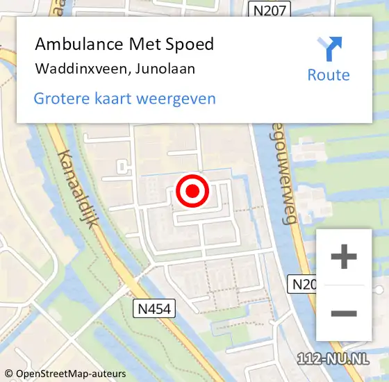 Locatie op kaart van de 112 melding: Ambulance Met Spoed Naar Waddinxveen, Junolaan op 1 augustus 2022 07:44