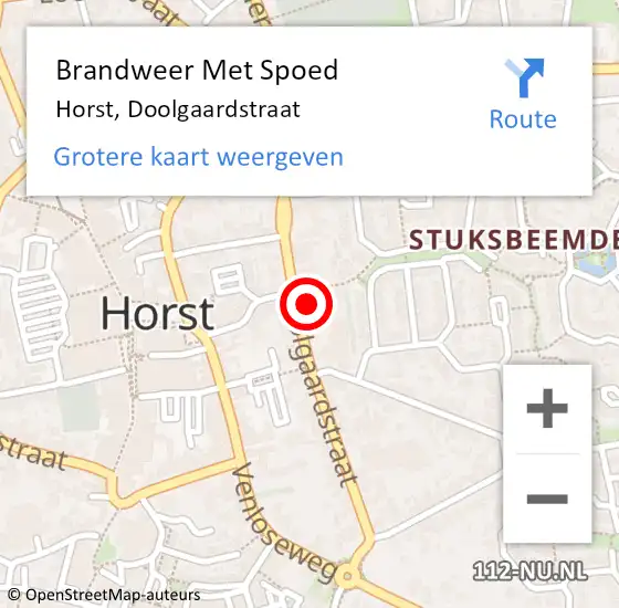 Locatie op kaart van de 112 melding: Brandweer Met Spoed Naar Horst, Doolgaardstraat op 1 augustus 2022 09:27