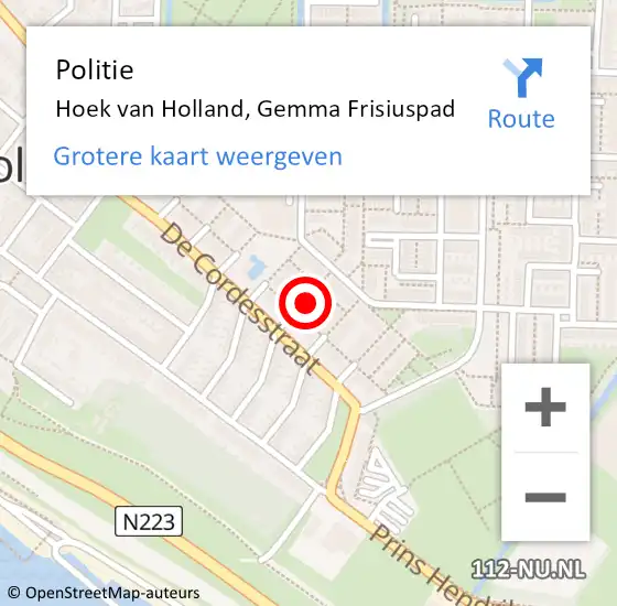 Locatie op kaart van de 112 melding: Politie Hoek van Holland, Gemma Frisiuspad op 1 augustus 2022 12:37