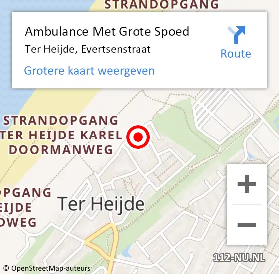 Locatie op kaart van de 112 melding: Ambulance Met Grote Spoed Naar Ter Heijde, Evertsenstraat op 1 augustus 2022 12:59