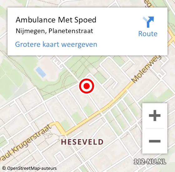 Locatie op kaart van de 112 melding: Ambulance Met Spoed Naar Nijmegen, Planetenstraat op 1 augustus 2022 13:09