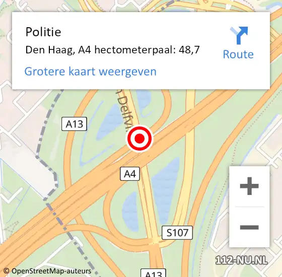 Locatie op kaart van de 112 melding: Politie Den Haag, A4 hectometerpaal: 48,7 op 1 augustus 2022 15:52