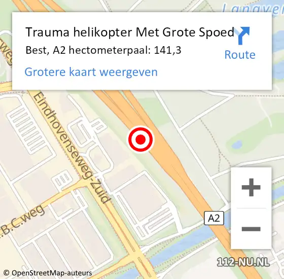 Locatie op kaart van de 112 melding: Trauma helikopter Met Grote Spoed Naar Best, A2 hectometerpaal: 141,3 op 1 augustus 2022 16:12