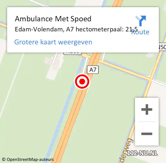 Locatie op kaart van de 112 melding: Ambulance Met Spoed Naar Edam-Volendam, A7 hectometerpaal: 21,5 op 1 augustus 2022 16:25