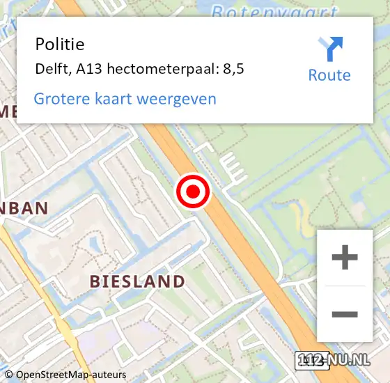 Locatie op kaart van de 112 melding: Politie Delft, A13 hectometerpaal: 8,5 op 1 augustus 2022 18:45