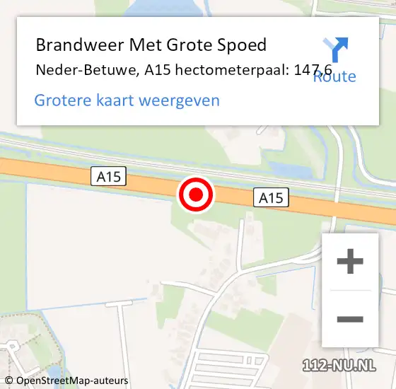 Locatie op kaart van de 112 melding: Brandweer Met Grote Spoed Naar Neder-Betuwe, A15 hectometerpaal: 147,6 op 1 augustus 2022 20:09