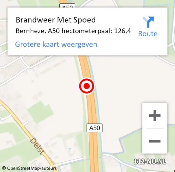 Locatie op kaart van de 112 melding: Brandweer Met Spoed Naar Bernheze, A50 hectometerpaal: 126,4 op 1 augustus 2022 20:42