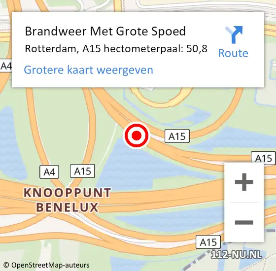 Locatie op kaart van de 112 melding: Brandweer Met Grote Spoed Naar Rotterdam, A15 hectometerpaal: 50,8 op 1 augustus 2022 21:22