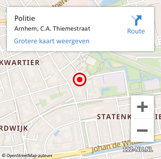 Locatie op kaart van de 112 melding: Politie Arnhem, C.A. Thiemestraat op 1 augustus 2022 22:32