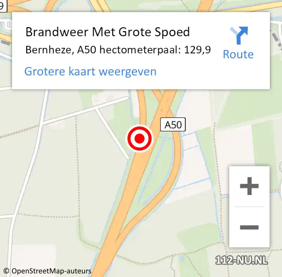 Locatie op kaart van de 112 melding: Brandweer Met Grote Spoed Naar Bernheze, A50 hectometerpaal: 129,9 op 1 augustus 2022 22:52