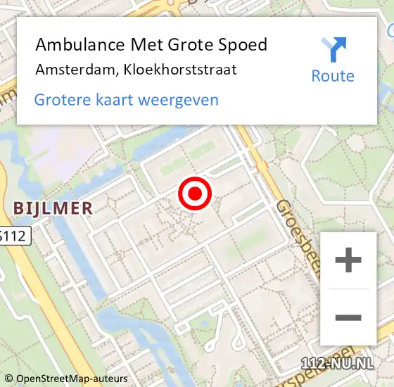 Locatie op kaart van de 112 melding: Ambulance Met Grote Spoed Naar Amsterdam-Zuidoost, Kloekhorststraat op 2 augustus 2022 07:58