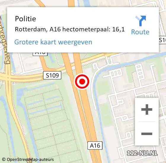 Locatie op kaart van de 112 melding: Politie Rotterdam, A16 hectometerpaal: 16,1 op 2 augustus 2022 08:07