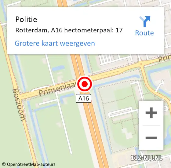 Locatie op kaart van de 112 melding: Politie Rotterdam, A16 hectometerpaal: 17 op 2 augustus 2022 08:07