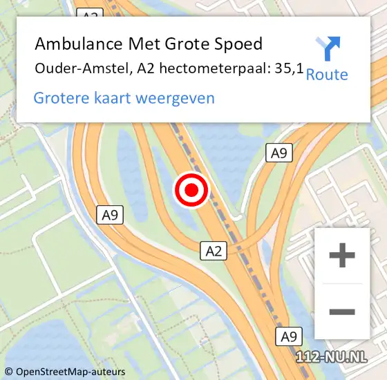 Locatie op kaart van de 112 melding: Ambulance Met Grote Spoed Naar Ouder-Amstel, A2 hectometerpaal: 35,1 op 2 augustus 2022 08:17