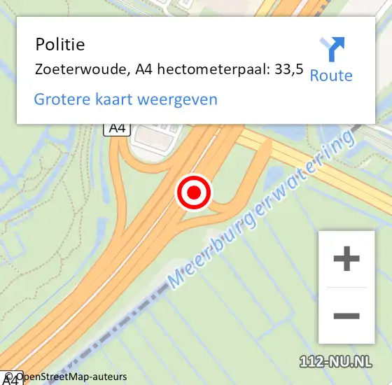 Locatie op kaart van de 112 melding: Politie Zoeterwoude, A4 hectometerpaal: 33,5 op 2 augustus 2022 08:32