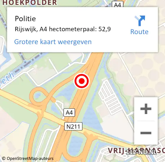 Locatie op kaart van de 112 melding: Politie Rijswijk, A4 hectometerpaal: 52,9 op 2 augustus 2022 11:10