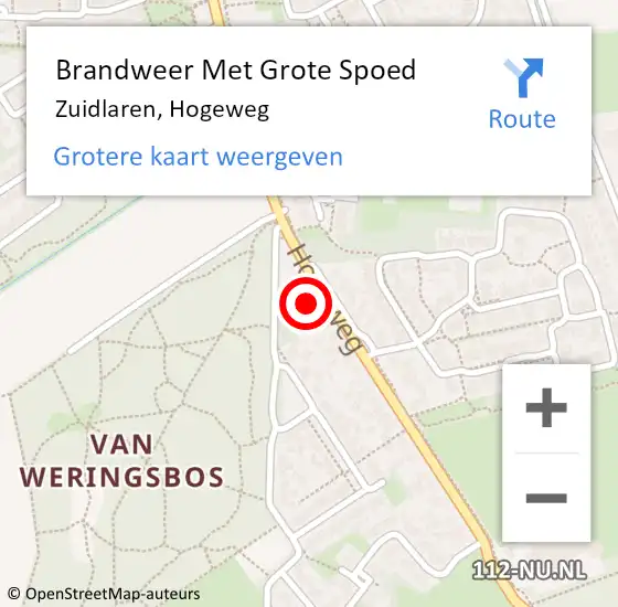 Locatie op kaart van de 112 melding: Brandweer Met Grote Spoed Naar Zuidlaren, Hogeweg op 2 augustus 2022 11:14