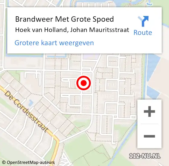 Locatie op kaart van de 112 melding: Brandweer Met Grote Spoed Naar Hoek van Holland, Johan Mauritsstraat op 2 augustus 2022 12:12