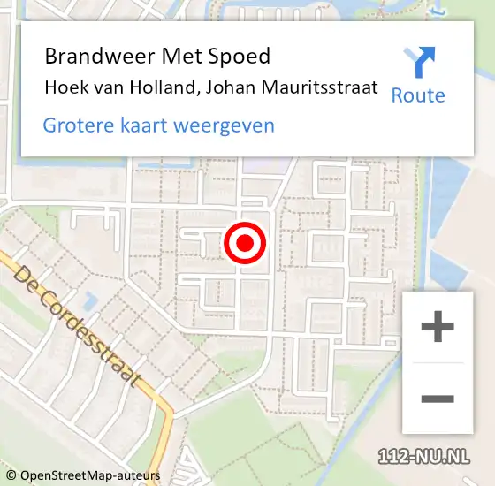 Locatie op kaart van de 112 melding: Brandweer Met Spoed Naar Hoek van Holland, Johan Mauritsstraat op 2 augustus 2022 13:31