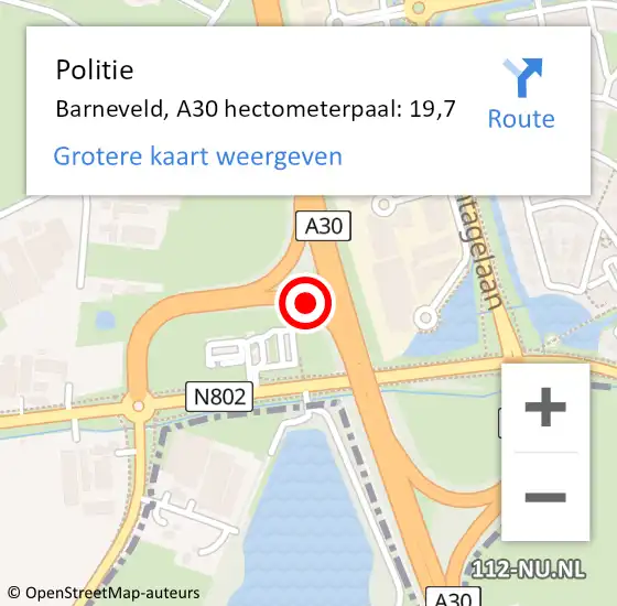 Locatie op kaart van de 112 melding: Politie Barneveld, A30 hectometerpaal: 19,7 op 2 augustus 2022 14:58