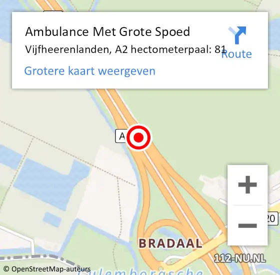 Locatie op kaart van de 112 melding: Ambulance Met Grote Spoed Naar Vijfheerenlanden, A2 hectometerpaal: 81 op 2 augustus 2022 16:39