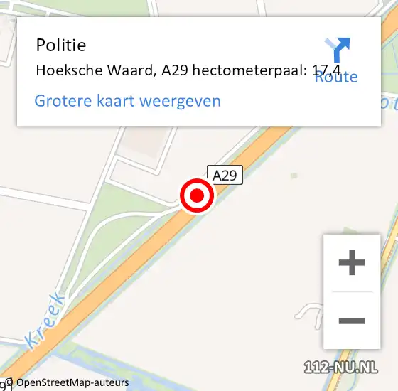 Locatie op kaart van de 112 melding: Politie Hoeksche Waard, A29 hectometerpaal: 17,4 op 2 augustus 2022 16:40