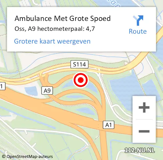 Locatie op kaart van de 112 melding: Ambulance Met Grote Spoed Naar Oss, A9 hectometerpaal: 4,7 op 2 augustus 2022 17:21