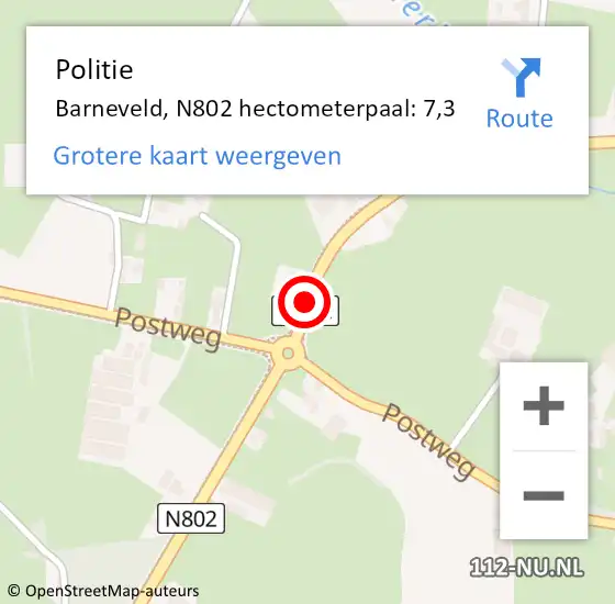 Locatie op kaart van de 112 melding: Politie Barneveld, N802 hectometerpaal: 7,3 op 2 augustus 2022 17:56
