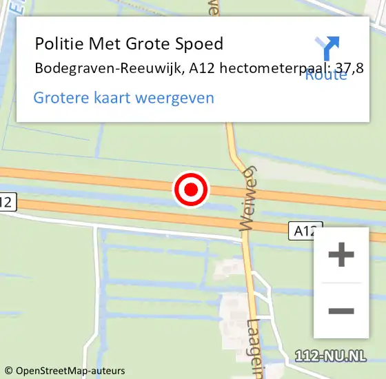 Locatie op kaart van de 112 melding: Politie Met Grote Spoed Naar Bodegraven-Reeuwijk, A12 hectometerpaal: 37,8 op 2 augustus 2022 19:52