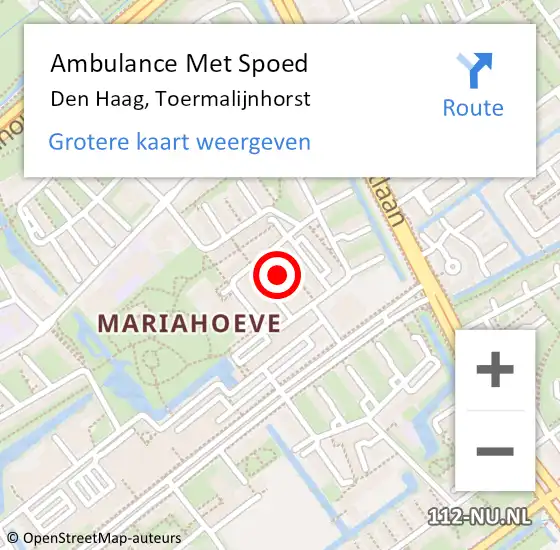 Locatie op kaart van de 112 melding: Ambulance Met Spoed Naar Den Haag, Toermalijnhorst op 2 augustus 2022 19:53