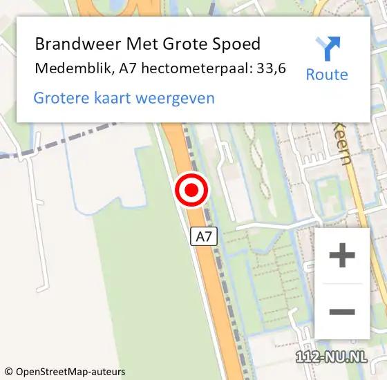 Locatie op kaart van de 112 melding: Brandweer Met Grote Spoed Naar Medemblik, A7 hectometerpaal: 33,6 op 2 augustus 2022 20:39