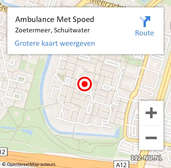 Locatie op kaart van de 112 melding: Ambulance Met Spoed Naar Zoetermeer, Schuitwater op 2 augustus 2022 21:30