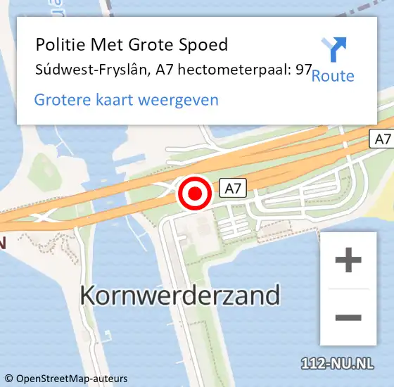 Locatie op kaart van de 112 melding: Politie Met Grote Spoed Naar Súdwest-Fryslân, A7 hectometerpaal: 97 op 3 augustus 2022 08:16