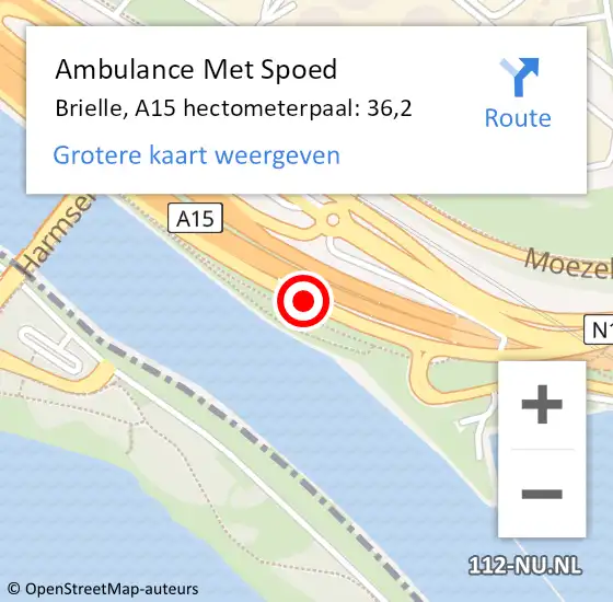 Locatie op kaart van de 112 melding: Ambulance Met Spoed Naar Brielle, A15 hectometerpaal: 36,2 op 3 augustus 2022 08:21