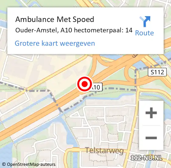 Locatie op kaart van de 112 melding: Ambulance Met Spoed Naar Ouder-Amstel, A10 hectometerpaal: 14 op 3 augustus 2022 10:09