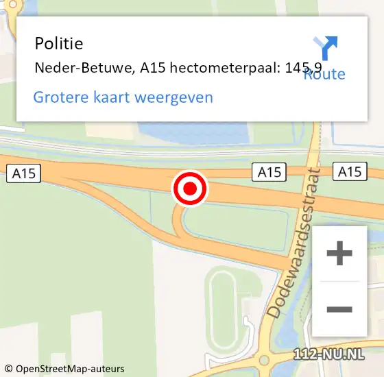 Locatie op kaart van de 112 melding: Politie Neder-Betuwe, A15 hectometerpaal: 145,9 op 3 augustus 2022 10:35