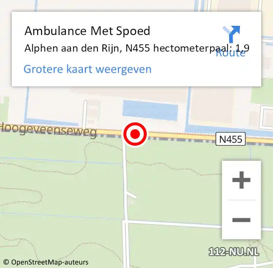 Locatie op kaart van de 112 melding: Ambulance Met Spoed Naar Alphen aan den Rijn, N455 hectometerpaal: 1,9 op 3 augustus 2022 10:48
