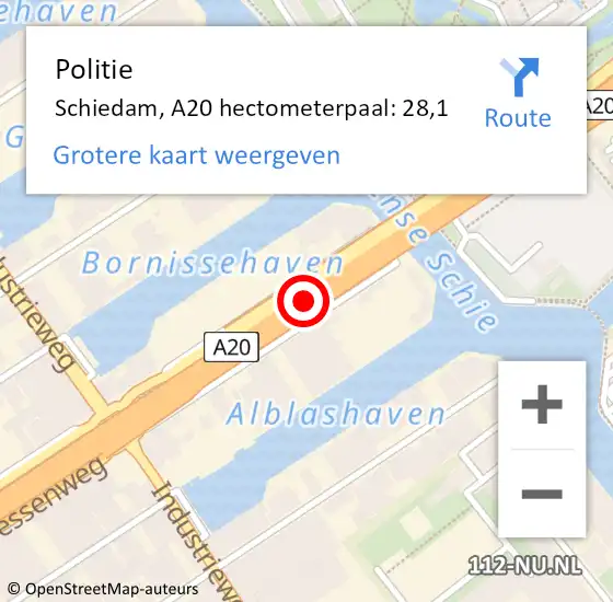 Locatie op kaart van de 112 melding: Politie Rotterdam, A20 hectometerpaal: 28,1 op 3 augustus 2022 11:17